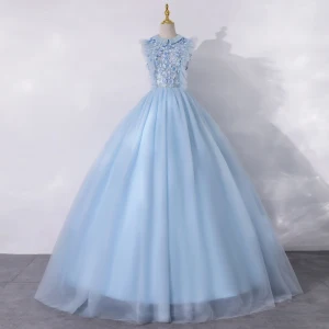 Vintage Originale Bleu Ciel Dansant Robe De Bal 2020 Princesse Encolure Dégagée Sans Manches Appliques Fleur Perle Longue Volants Robe De Ceremonie