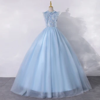 Vintage Himmelsblå Dansande Balklänningar 2020 Prinsessa Urringning Ärmlös Appliqués Blomma Pärla Långa Ruffle Formella Klänningar
