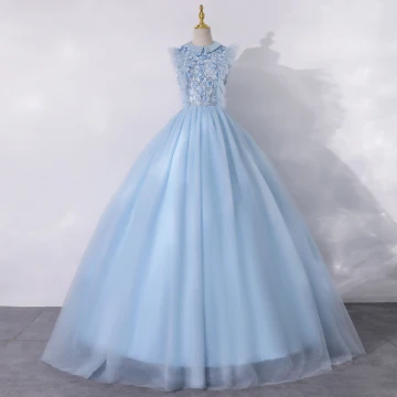 Vintage Originale Bleu Ciel Dansant Robe De Bal 2020 Princesse Encolure Dégagée Sans Manches Appliques Fleur Perle Longue Volants Robe De Ceremonie