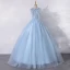 Vintage / Retro Sky Blue Dancing Prom Dresses 2020 A-Line / Princess Scoop Neck Sleeveless Appliques Flower Pearl Floor-Length / Long Ruffle Formal Dresses