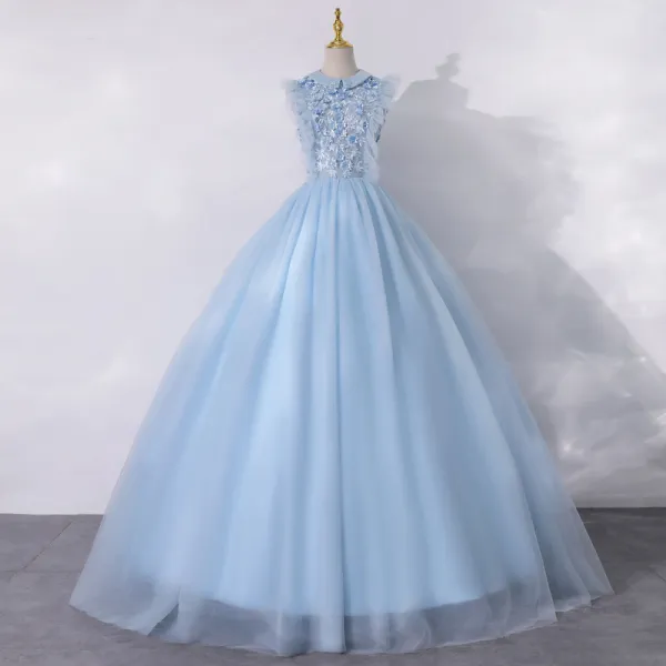 Vintage / Retro Sky Blue Dancing Prom Dresses 2020 A-Line / Princess Scoop Neck Sleeveless Appliques Flower Pearl Floor-Length / Long Ruffle Formal Dresses