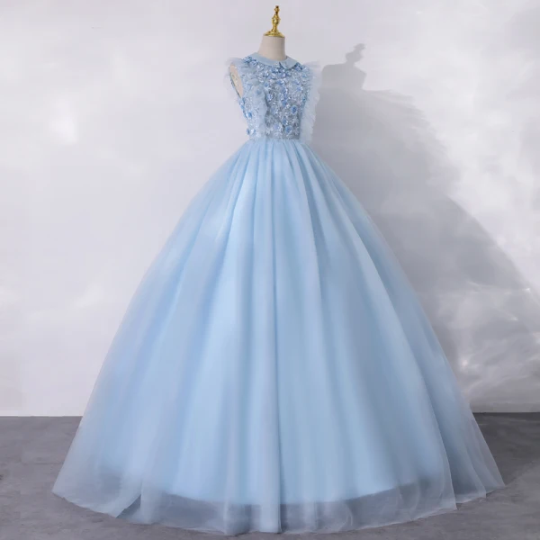 Vintage / Retro Sky Blue Dancing Prom Dresses 2020 A-Line / Princess Scoop Neck Sleeveless Appliques Flower Pearl Floor-Length / Long Ruffle Formal Dresses