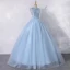 Vintage / Retro Sky Blue Dancing Prom Dresses 2020 A-Line / Princess Scoop Neck Sleeveless Appliques Flower Pearl Floor-Length / Long Ruffle Formal Dresses