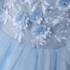 Vintage / Originale Bleu Ciel Dansant Robe De Bal 2020 Princesse Encolure Dégagée Sans Manches Appliques Fleur Perle Longue Volants Robe De Ceremonie