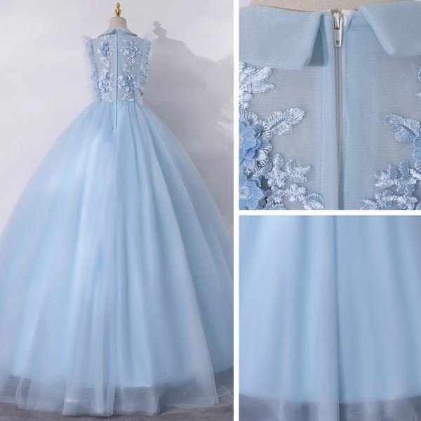 Vintage / Retro Sky Blue Dancing Prom Dresses 2020 A-Line / Princess Scoop Neck Sleeveless Appliques Flower Pearl Floor-Length / Long Ruffle Formal Dresses