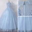 Vintage / Retro Sky Blue Dancing Prom Dresses 2020 A-Line / Princess Scoop Neck Sleeveless Appliques Flower Pearl Floor-Length / Long Ruffle Formal Dresses