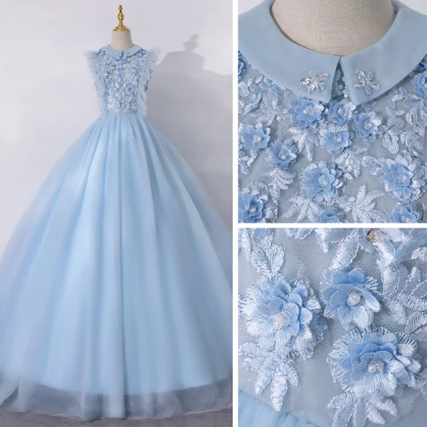 Vintage / Retro Sky Blue Dancing Prom Dresses 2020 A-Line / Princess Scoop Neck Sleeveless Appliques Flower Pearl Floor-Length / Long Ruffle Formal Dresses