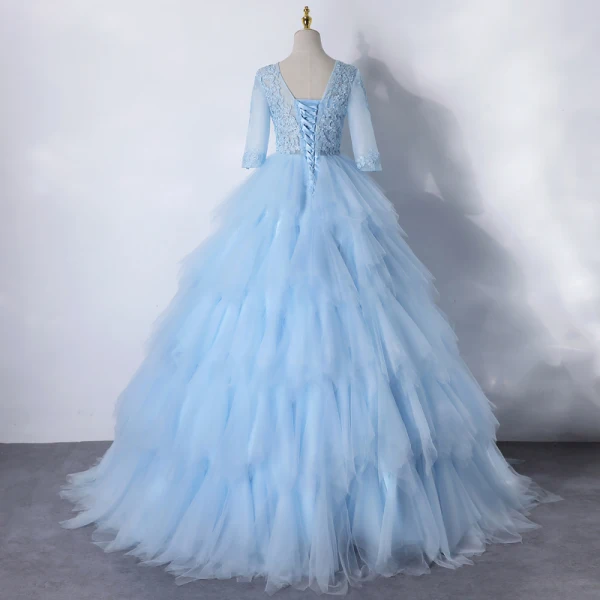 Illusion Sky Blue Dancing Prom Dresses 2020 Ball Gown Scoop Neck 1/2 Sleeves Appliques Lace Floor-Length / Long Cascading Ruffles Backless Formal Dresses