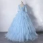 Illusion Sky Blue Dancing Prom Dresses 2020 Ball Gown Scoop Neck 1/2 Sleeves Appliques Lace Floor-Length / Long Cascading Ruffles Backless Formal Dresses