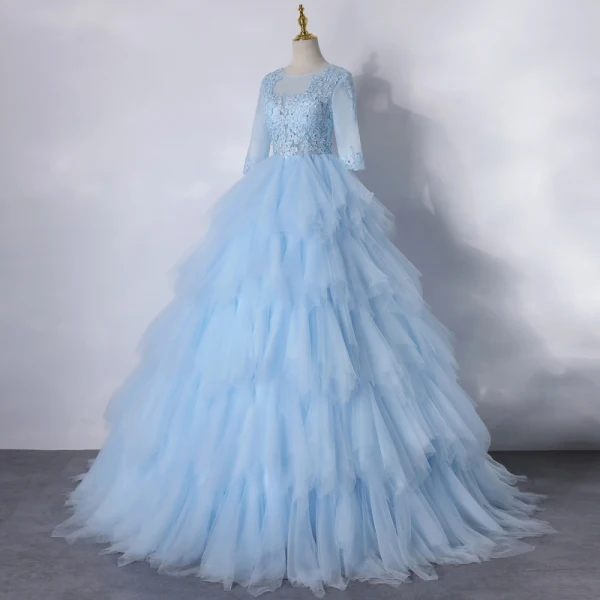 Illusion Sky Blue Dancing Prom Dresses 2020 Ball Gown Scoop Neck 1/2 Sleeves Appliques Lace Floor-Length / Long Cascading Ruffles Backless Formal Dresses