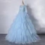 Illusion Sky Blue Dancing Prom Dresses 2020 Ball Gown Scoop Neck 1/2 Sleeves Appliques Lace Floor-Length / Long Cascading Ruffles Backless Formal Dresses