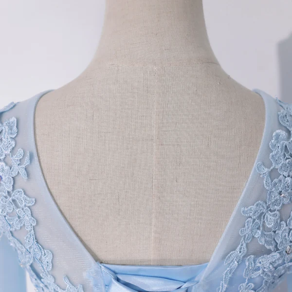 Illusion Sky Blue Dancing Prom Dresses 2020 Ball Gown Scoop Neck 1/2 Sleeves Appliques Lace Floor-Length / Long Cascading Ruffles Backless Formal Dresses