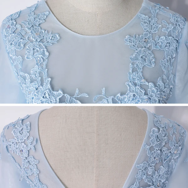 Illusion Sky Blue Dancing Prom Dresses 2020 Ball Gown Scoop Neck 1/2 Sleeves Appliques Lace Floor-Length / Long Cascading Ruffles Backless Formal Dresses