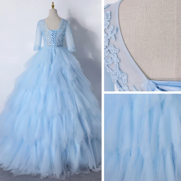 Illusion Sky Blue Dancing Prom Dresses 2020 Ball Gown Scoop Neck 1/2 Sleeves Appliques Lace Floor-Length / Long Cascading Ruffles Backless Formal Dresses