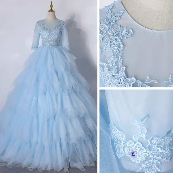 Illusion Sky Blue Dancing Prom Dresses 2020 Ball Gown Scoop Neck 1/2 Sleeves Appliques Lace Floor-Length / Long Cascading Ruffles Backless Formal Dresses