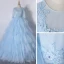 Illusion Sky Blue Dancing Prom Dresses 2020 Ball Gown Scoop Neck 1/2 Sleeves Appliques Lace Floor-Length / Long Cascading Ruffles Backless Formal Dresses