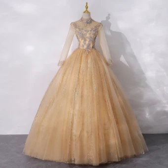 Vintage Originale Doré Transparentes Dansant Robe De Bal 2020 Robe Boule Col Haut Manches Longues Appliques En Dentelle Perlage Perle Paillettes Longue Volants Dos Nu Robe De Ceremonie