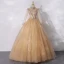 Vintage / Retro Gold See-through Dancing Prom Dresses 2020 Ball Gown High Neck Long Sleeve Appliques Lace Beading Pearl Sequins Floor-Length / Long Ruffle Backless Formal Dresses