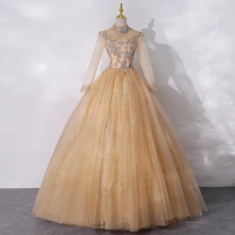 Vintage / Originale Doré Transparentes Dansant Robe De Bal 2020 Robe Boule Col Haut Manches Longues Appliques En Dentelle Perlage Perle Paillettes Longue Volants Dos Nu Robe De Ceremonie