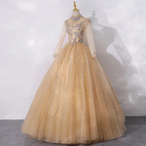 Vintage / Retro Gold See-through Dancing Prom Dresses 2020 Ball Gown High Neck Long Sleeve Appliques Lace Beading Pearl Sequins Floor-Length / Long Ruffle Backless Formal Dresses