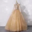 Vintage / Retro Gold See-through Dancing Prom Dresses 2020 Ball Gown High Neck Long Sleeve Appliques Lace Beading Pearl Sequins Floor-Length / Long Ruffle Backless Formal Dresses