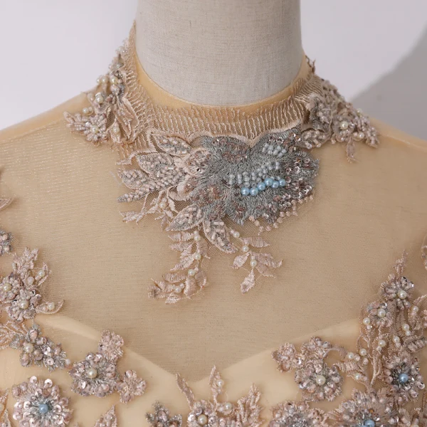 Vintage / Retro Gold See-through Dancing Prom Dresses 2020 Ball Gown High Neck Long Sleeve Appliques Lace Beading Pearl Sequins Floor-Length / Long Ruffle Backless Formal Dresses
