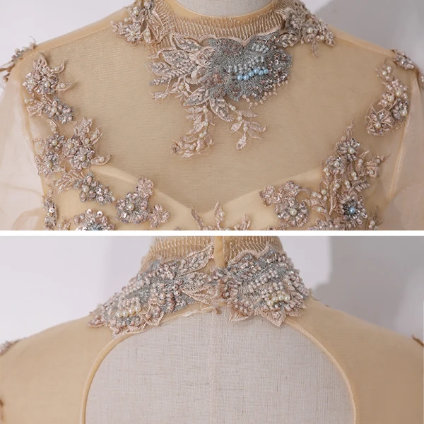 Vintage / Retro Gold See-through Dancing Prom Dresses 2020 Ball Gown High Neck Long Sleeve Appliques Lace Beading Pearl Sequins Floor-Length / Long Ruffle Backless Formal Dresses