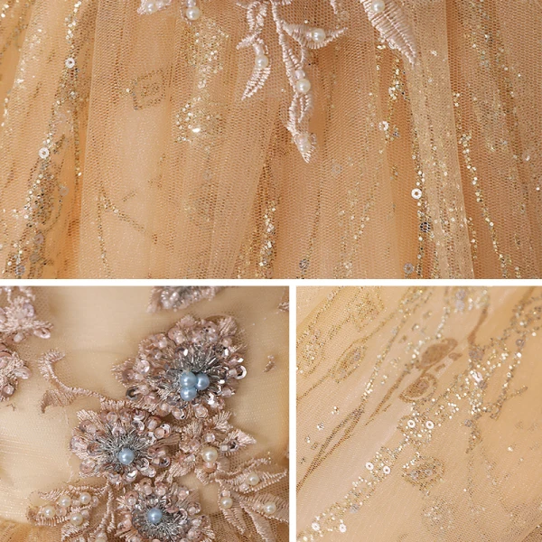 Vintage / Retro Gold See-through Dancing Prom Dresses 2020 Ball Gown High Neck Long Sleeve Appliques Lace Beading Pearl Sequins Floor-Length / Long Ruffle Backless Formal Dresses