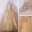 Vintage / Retro Gold See-through Dancing Prom Dresses 2020 Ball Gown High Neck Long Sleeve Appliques Lace Beading Pearl Sequins Floor-Length / Long Ruffle Backless Formal Dresses