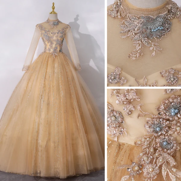 Vintage / Retro Gold See-through Dancing Prom Dresses 2020 Ball Gown High Neck Long Sleeve Appliques Lace Beading Pearl Sequins Floor-Length / Long Ruffle Backless Formal Dresses