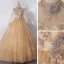 Vintage / Retro Gold See-through Dancing Prom Dresses 2020 Ball Gown High Neck Long Sleeve Appliques Lace Beading Pearl Sequins Floor-Length / Long Ruffle Backless Formal Dresses