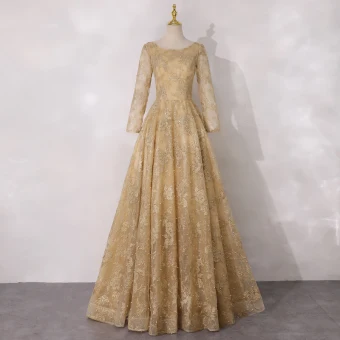 Best Gold Mother Of The Bride Dresses 2020 A Line Princess Scoop Neck Long Sleeve Backless Appliques Lace Beading Pearl Glitter Tulle Floor Length Long Ruffle