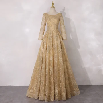 Meilleur Doré Robe De Mère De Mariée 2020 Princesse Encolure Dégagée Manches Longues Dos Nu Appliques En Dentelle Perlage Perle Glitter Tulle Longue Volants