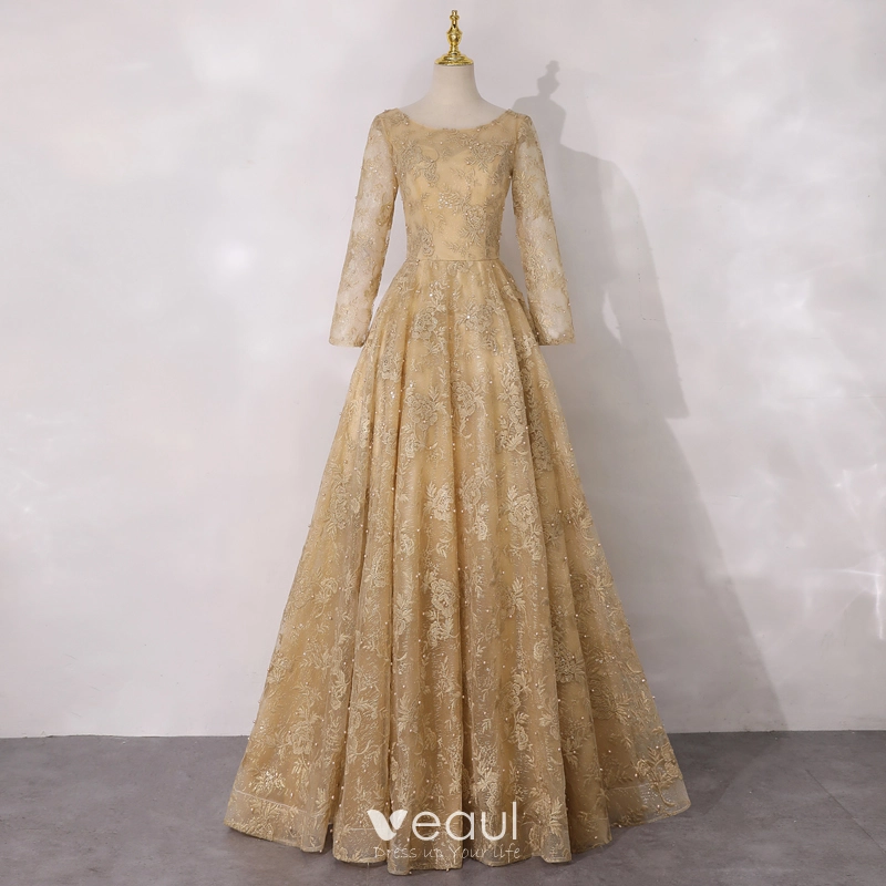 Best Gold Mother Of The Bride Dresses 2020 A-Line / Princess Scoop Neck Long Sleeve Backless Appliques Lace Beading Pearl Glitter Tulle Floor-Length / Long Ruffle Best Gold Mother Of The Bride Dresses 2020 A-Line / Princess Scoop Neck Long Sleeve Backless Appliques Lace Beading Pearl Glitter Tulle Floor-Length / Long Ruffle