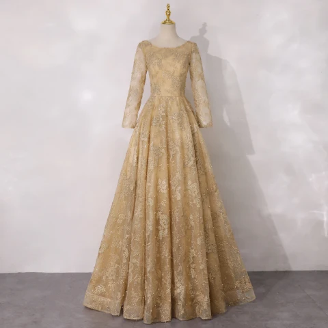 Mejor Oro Vestidos de madrina 2020 A-Line / Princess Scoop Escote Manga Larga Sin Espalda Apliques Con Encaje Rebordear Perla Glitter Tul Largos Ruffle