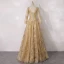 Best Gold Mother Of The Bride Dresses 2020 A-Line / Princess Scoop Neck Long Sleeve Backless Appliques Lace Beading Pearl Glitter Tulle Floor-Length / Long Ruffle
