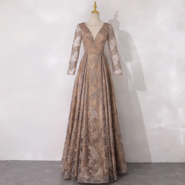Best Gold Mother Of The Bride Dresses 2020 A-Line / Princess Scoop Neck Long Sleeve Backless Appliques Lace Beading Pearl Glitter Tulle Floor-Length / Long Ruffle