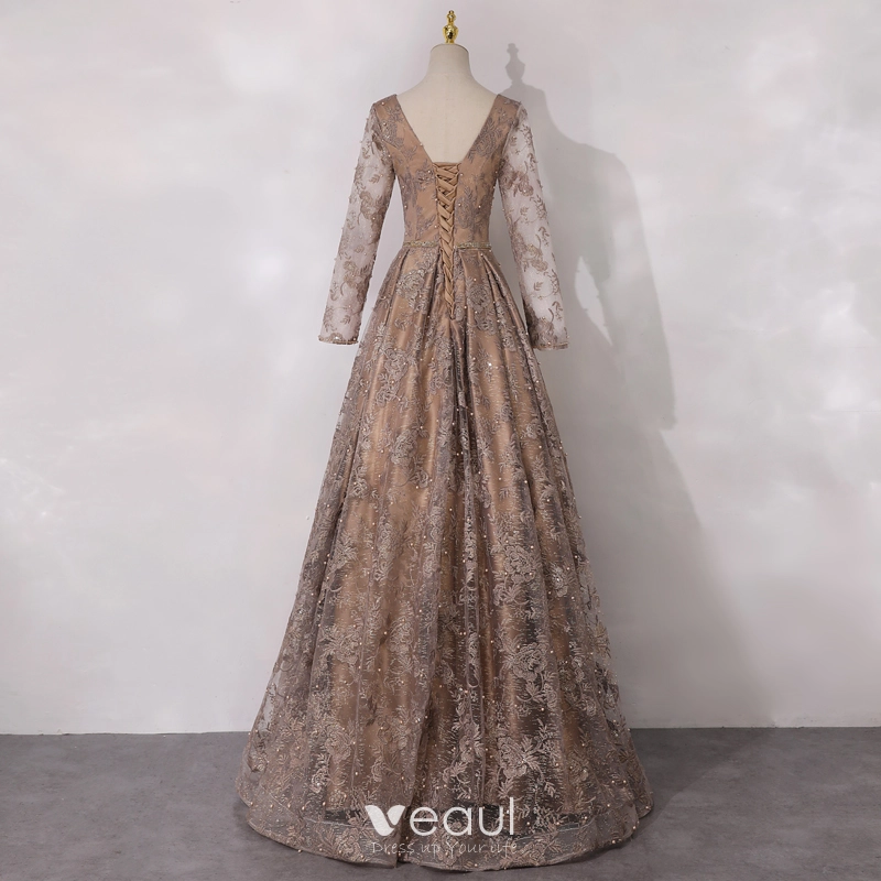 A-Line Champagne Gold Tulle Sequins Long Mother of The Bride Dresses