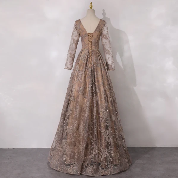 Best Gold Mother Of The Bride Dresses 2020 A-Line / Princess Scoop Neck Long Sleeve Backless Appliques Lace Beading Pearl Glitter Tulle Floor-Length / Long Ruffle
