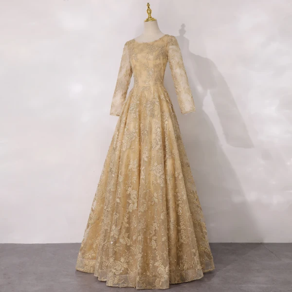 Best Gold Mother Of The Bride Dresses 2020 A-Line / Princess Scoop Neck Long Sleeve Backless Appliques Lace Beading Pearl Glitter Tulle Floor-Length / Long Ruffle