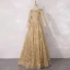 Best Gold Mother Of The Bride Dresses 2020 A-Line / Princess Scoop Neck Long Sleeve Backless Appliques Lace Beading Pearl Glitter Tulle Floor-Length / Long Ruffle