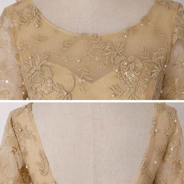 Best Gold Mother Of The Bride Dresses 2020 A-Line / Princess Scoop Neck Long Sleeve Backless Appliques Lace Beading Pearl Glitter Tulle Floor-Length / Long Ruffle