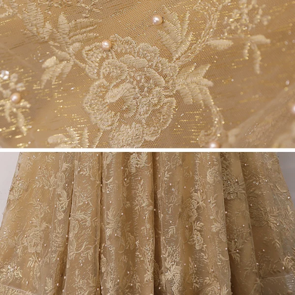 Best Gold Mother Of The Bride Dresses 2020 A-Line / Princess Scoop Neck Long Sleeve Backless Appliques Lace Beading Pearl Glitter Tulle Floor-Length / Long Ruffle