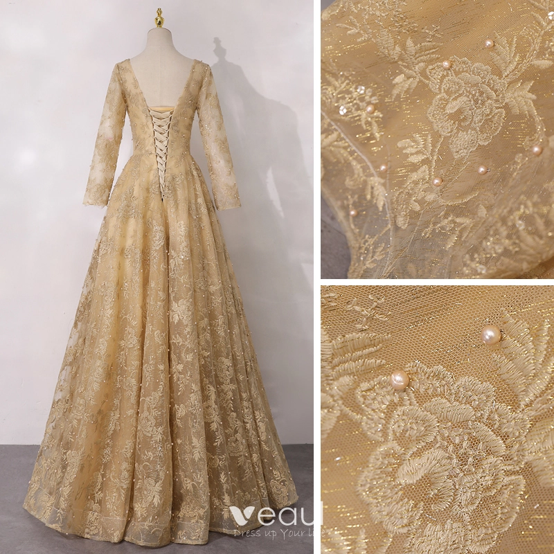gold long sleeve mother of the bride dresses Long Mother-of-the-Bride Dress with Long Sleeves Rose / 20