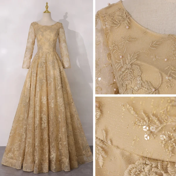 Best Gold Mother Of The Bride Dresses 2020 A-Line / Princess Scoop Neck Long Sleeve Backless Appliques Lace Beading Pearl Glitter Tulle Floor-Length / Long Ruffle
