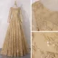 Best Gold Mother Of The Bride Dresses 2020 A-Line / Princess Scoop Neck Long Sleeve Backless Appliques Lace Beading Pearl Glitter Tulle Floor-Length / Long Ruffle