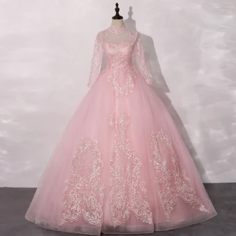 Vintage Retro Candy Pink See Through Dancing Prom Dresses 2020 Ball Gown High Neck Long Sleeve Appliques Lace Floor Length Long Ruffle Formal Dresses