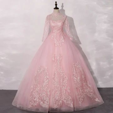 Vintage Originale Rose Bonbon Transparentes Dansant Robe De Bal 2020 Robe Boule Col Haut Manches Longues Appliques En Dentelle Longue Volants Robe De Ceremonie