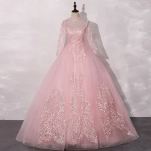 Vintage Rosa Transparentes Bailando Vestidos De Gala 2020 Ball Gown Cuello Alto Manga Larga Apliques Con Encaje Largos Ruffle Vestidos Formales