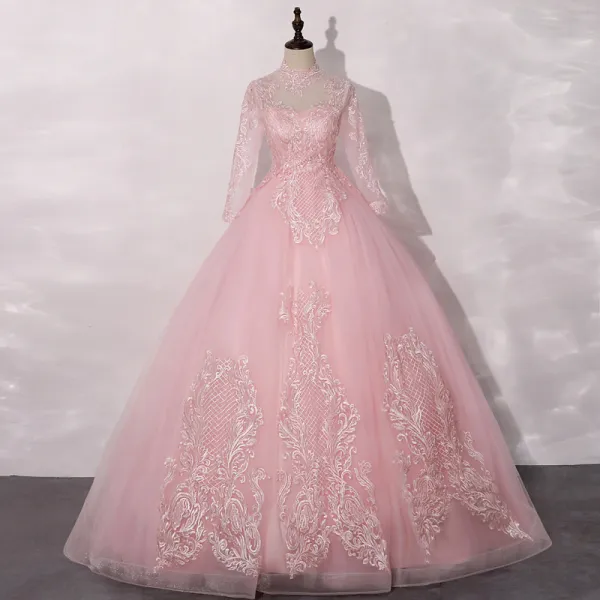 Vintage / Retro Candy Pink See-through Dancing Prom Dresses 2020 Ball Gown High Neck Long Sleeve Appliques Lace Floor-Length / Long Ruffle Formal Dresses